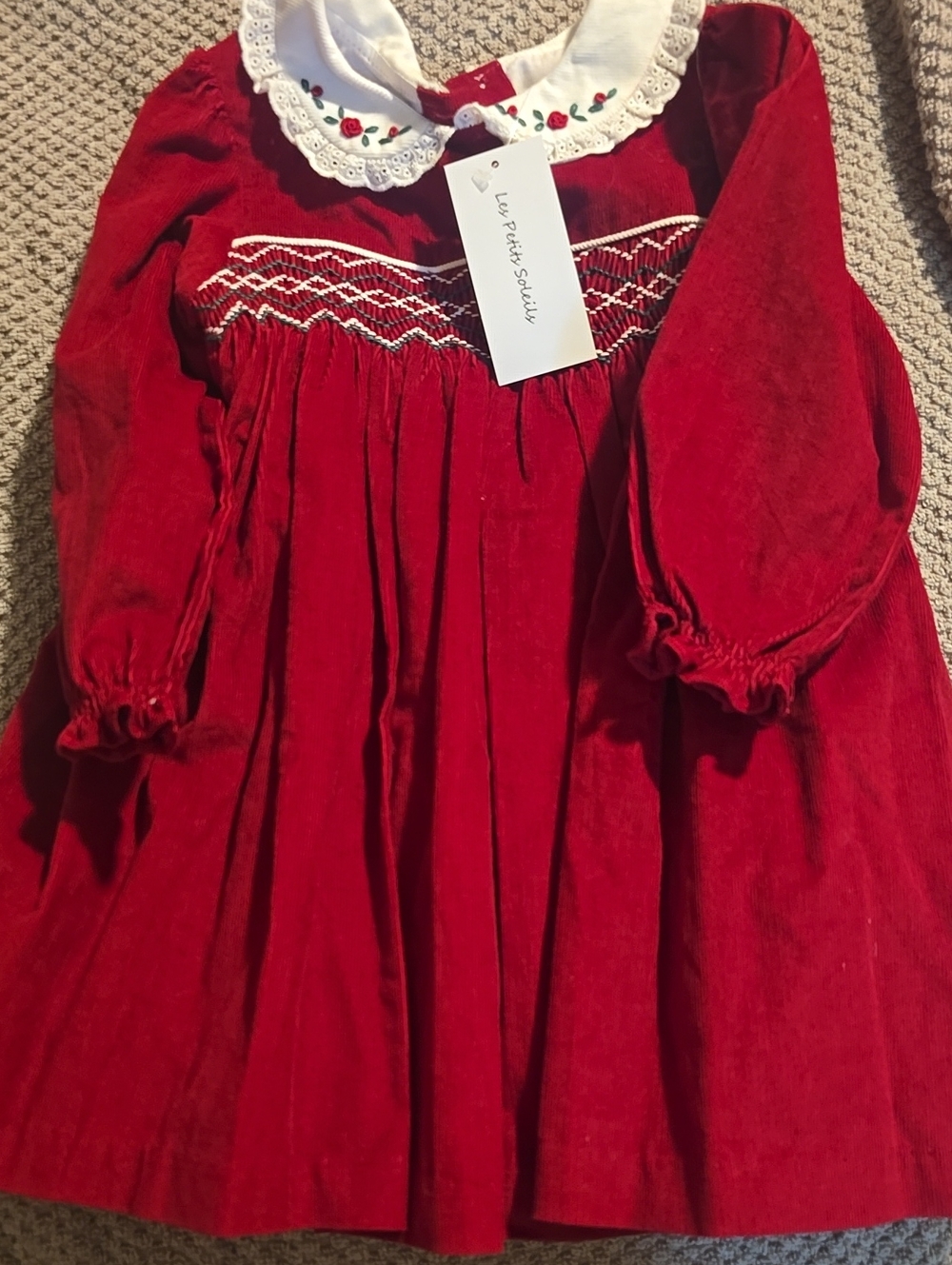 Girls' Red Smocked Velvet Dress